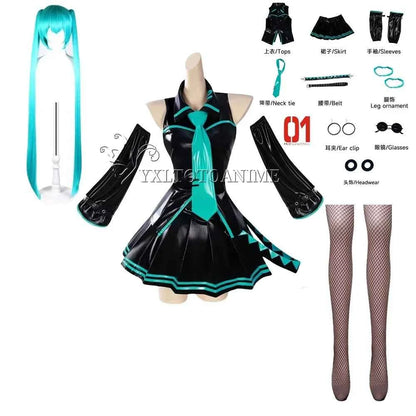 in stock Anime Miku Cosplay Full Set Costume Miku 16TH Cosplay Leather Midi Sexy Dress Halloween Carnival Party JK Uniform