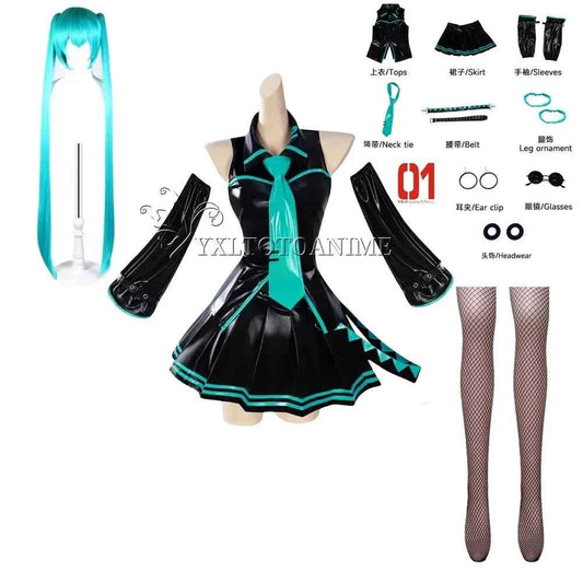 in stock Anime Miku Cosplay Full Set Costume Miku 16TH Cosplay Leather Midi Sexy Dress Halloween Carnival Party JK Uniform