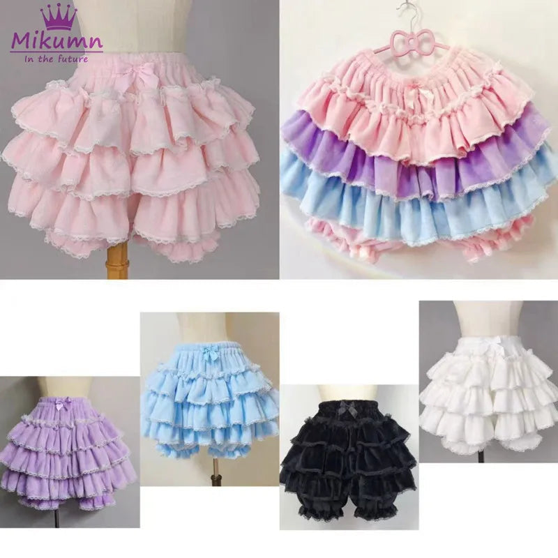 Harajuku Y2k Sweet Pink White Pumpkin Pants Lolita Autumn Winter JK Plush Shorts Japanese Kawaii Ruffles Lantern Shorts SS69