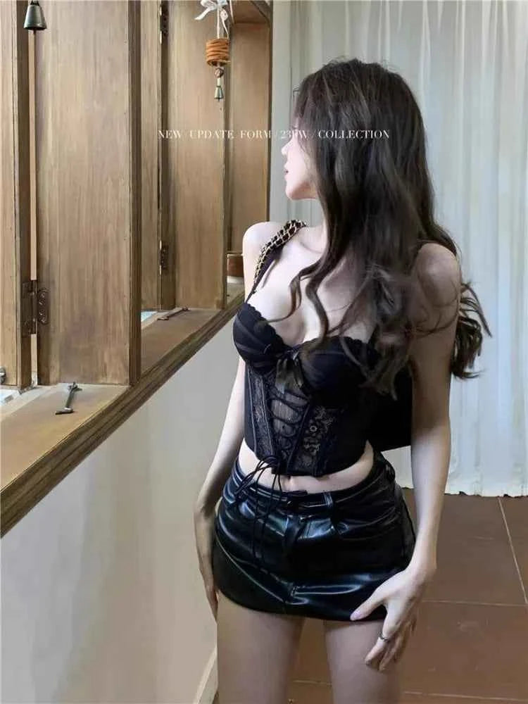 Thai Niche Style Halter Sexy Top & Vest Set Lace Boned Underbust Crop Top Pure Sweet Look Summer Fashion Layering Set UK MOYISU