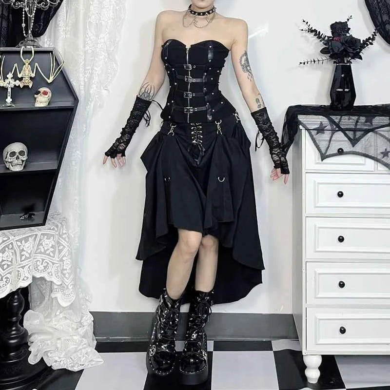 Goth Streetwear Gothic Skirt Women Harajuku Emo Alternative Grunge High Waist Bandage A-line Skirts Y2k E-girl Indie Clothes