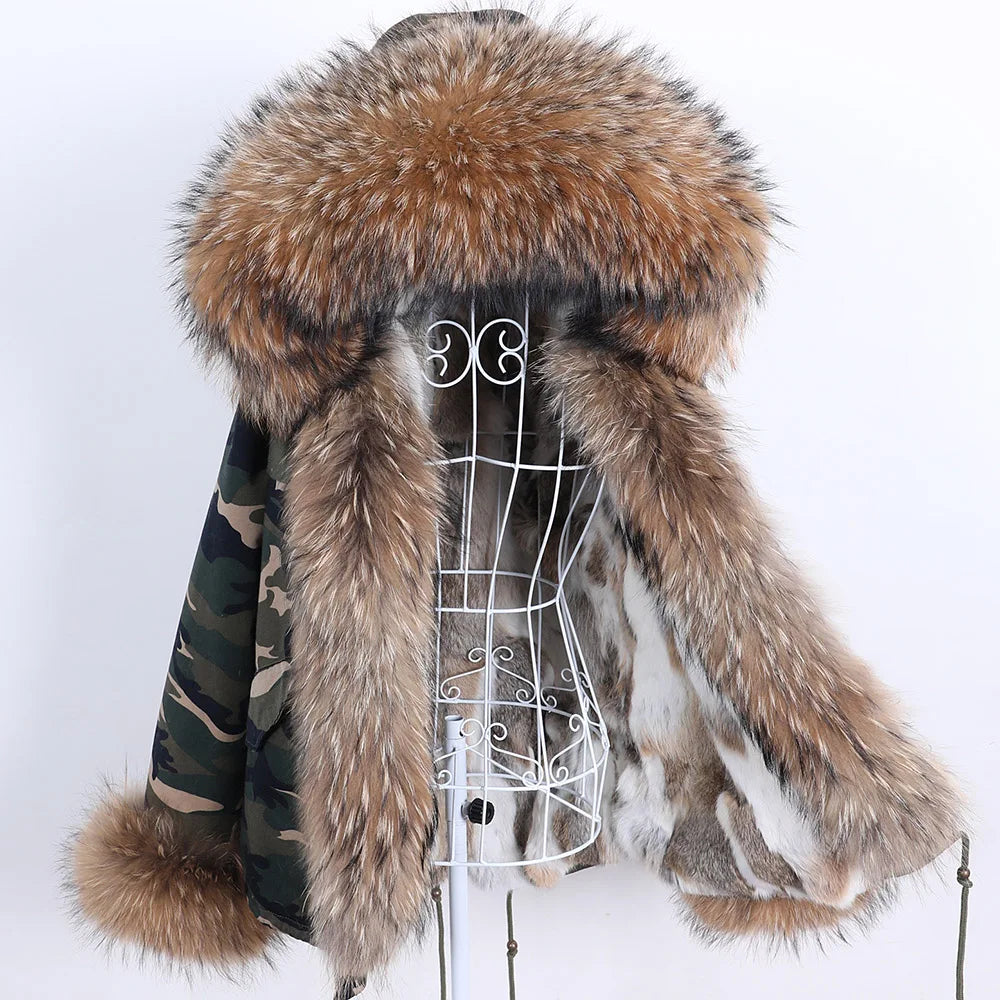 Maomaokong Winter Women Parka Cotton Jacket Real Fur Coat Natural Fox Fur Hooded Rabbit Fur Liner Thick Warm Outerwear Female