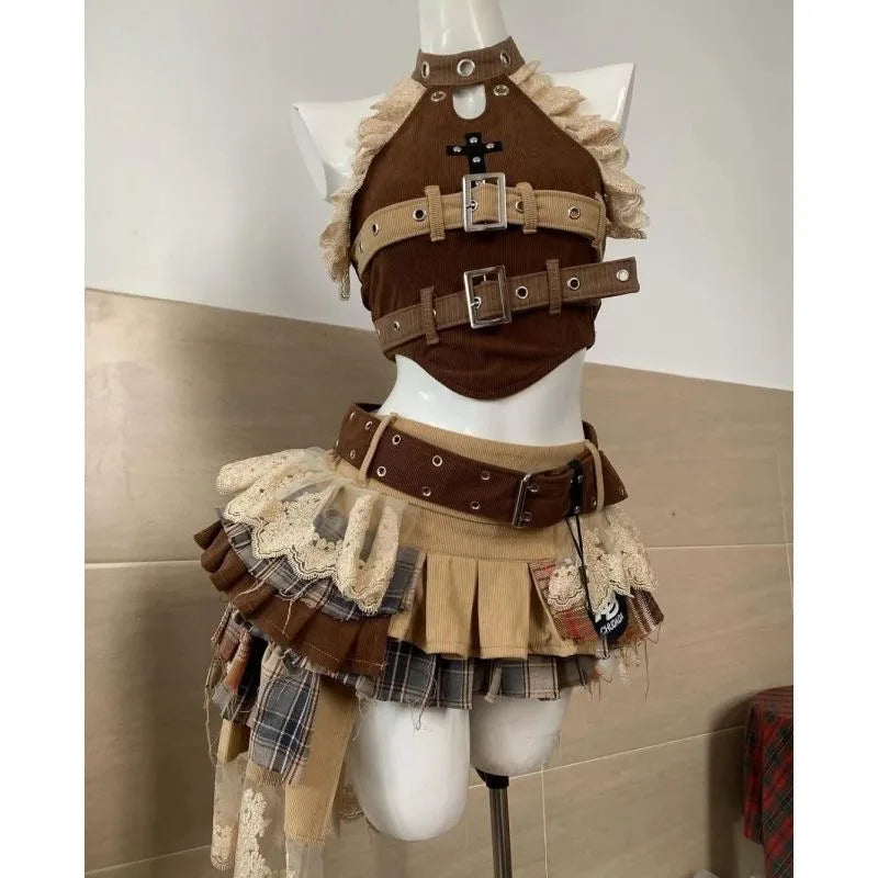 Sweet and Cool Maillard Retro Old Spice Girl Style Splicing Lace Denim Neck Top Irregular Short Skirt Two-piece Set for Women SS69 65.69 Top and Skirt / XL