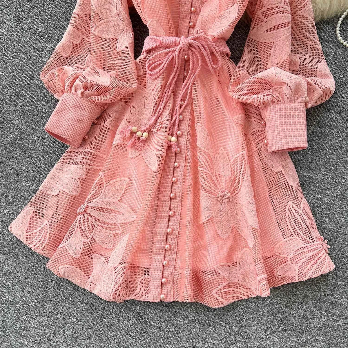 SINGREINY Women Elegant Floral Emboridery Dress Hollow Out Long Sleeve Single Breasted Belt French Court Chic Short A Line Dress