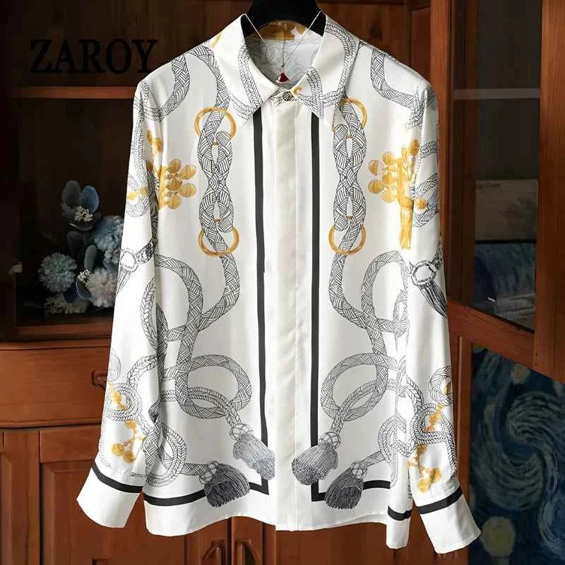 Camisas Newest Exclusive Women Luxury Shirt Long Sleeve Lapel Satin Shirt Old Money Print Brand Design Shirt OL Blouse руба