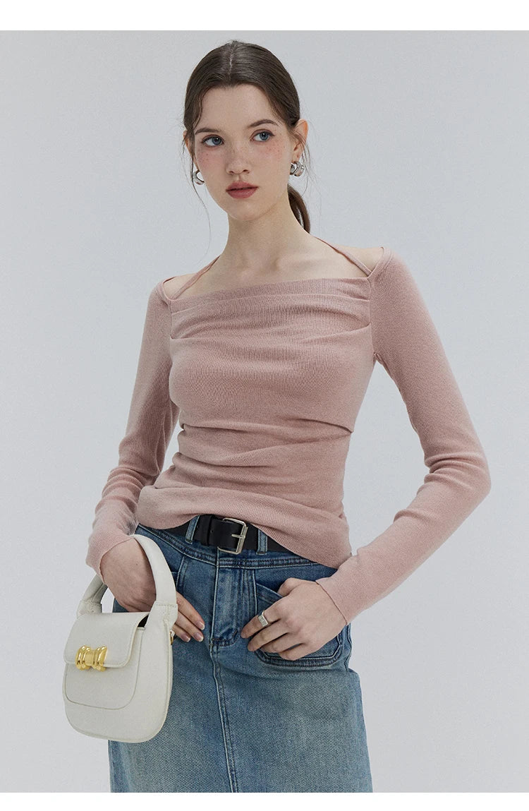 EGGKA Autumn One-shoulder Halter Neck Knitted Tops Women Slim Designer T-Shirts Slash Neck Long Sleeve Tops Korean Fashion Tees - SS69