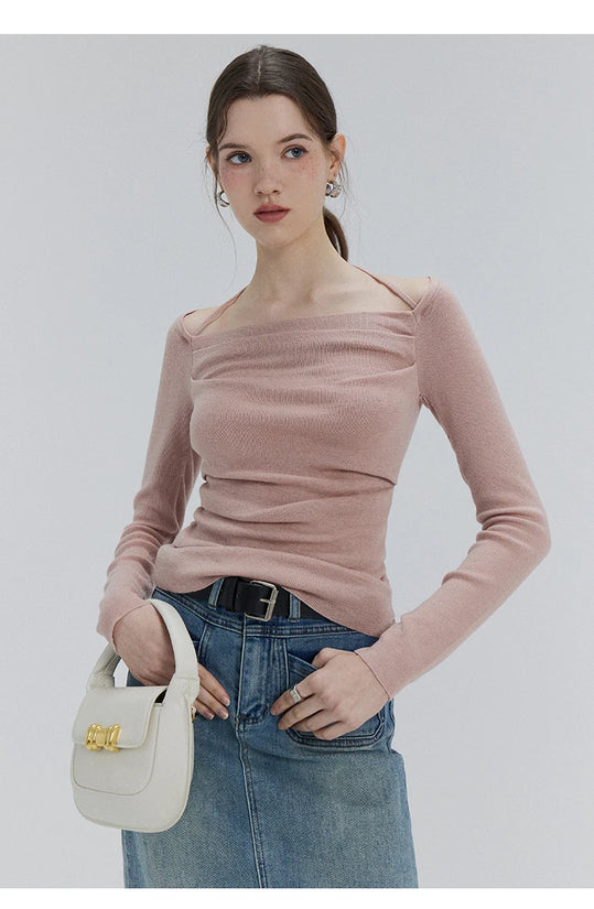 EGGKA Autumn One-shoulder Halter Neck Knitted Tops Women Slim Designer T-Shirts Slash Neck Long Sleeve Tops Korean Fashion Tees - SS69