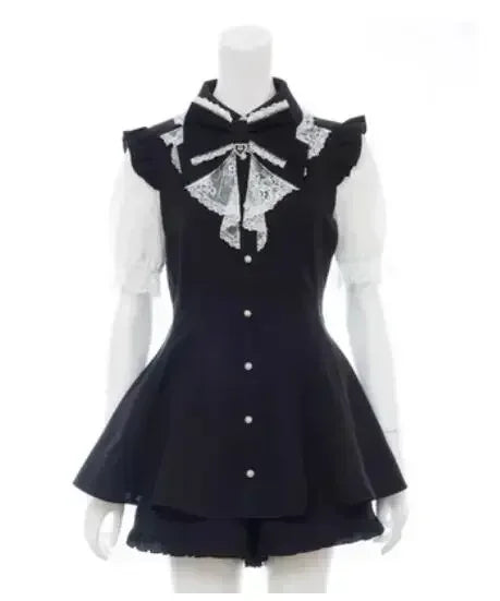 Geyalovvy Women's Lolita Sailor Collar Plaid Rhinestone Bow Two-Piece Set