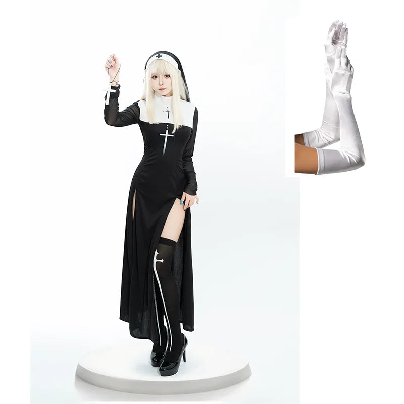 Adult Women Sexy Halloween Costume Anime Nun Cosplay Fancy Dress Gothic Robe Long Black Uniform Carnival Party Themed Events