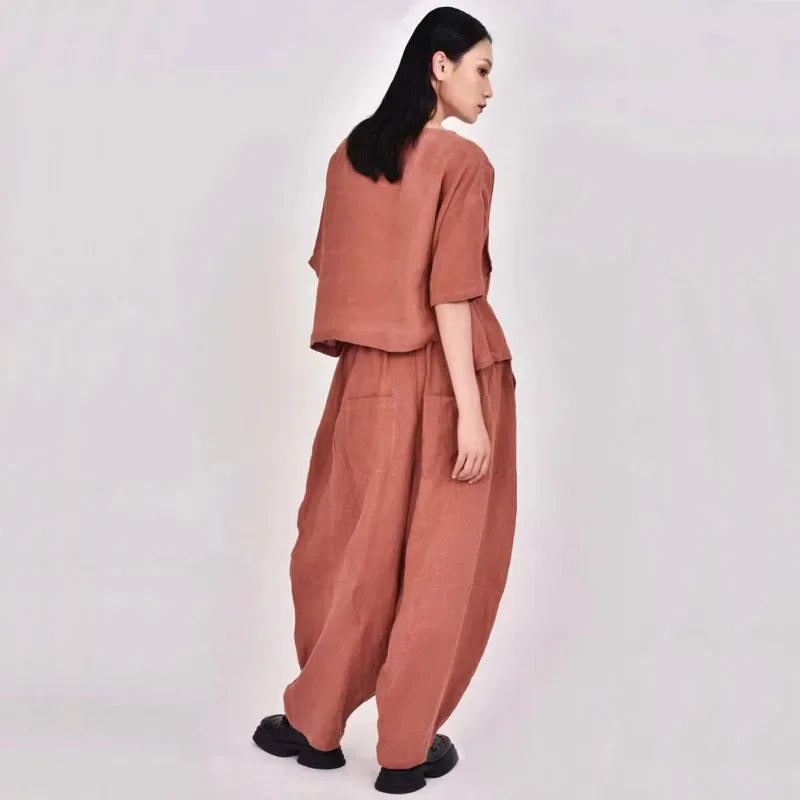 Summer New Loose Women's Artistic Linen Asymmetrical Shirt plus Size Harem Pants Comfortable Breathable Casual Wear SS69
