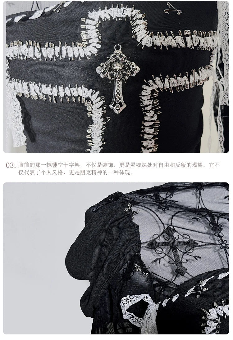 Original Design Punk Rock Cross Patch Long Sleeve Slash Tshirt Gothic Women Subculture Lace Ruffled Holloween Tee Tops Clothing SS69
