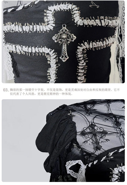 Original Design Punk Rock Cross Patch Long Sleeve Slash Tshirt Gothic Women Subculture Lace Ruffled Holloween Tee Tops Clothing SS69