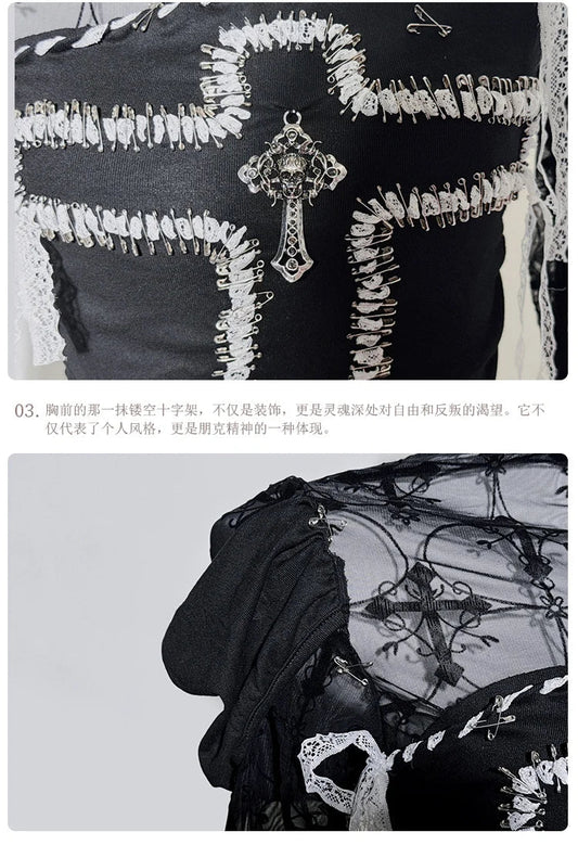Original Design Punk Rock Cross Patch Long Sleeve Slash Tshirt Gothic Women Subculture Lace Ruffled Holloween Tee Tops Clothing SS69