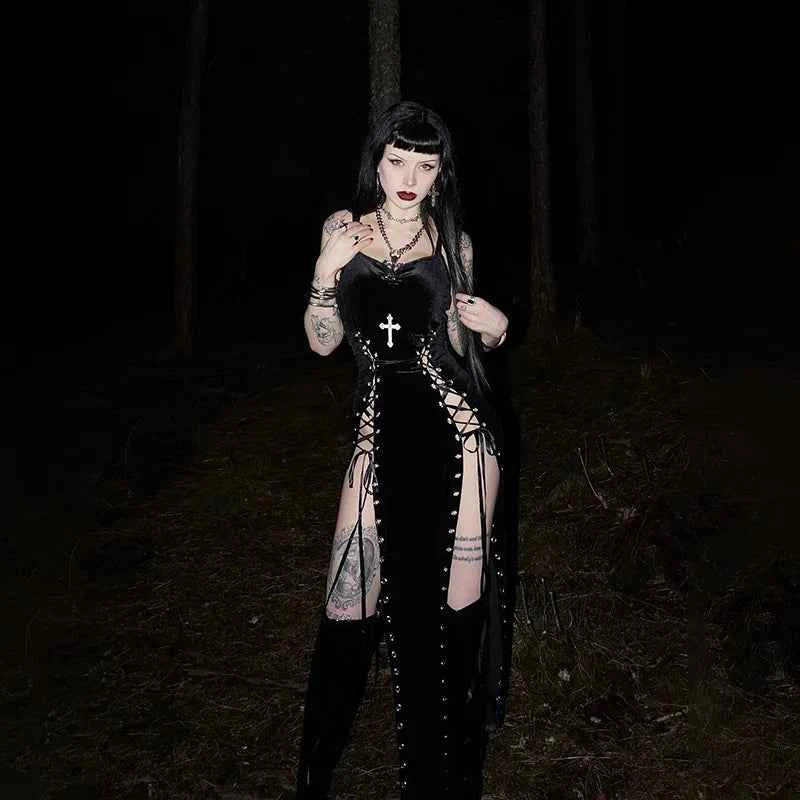 Punk Grunge High Split Hem Straps Dess 90s Streetwear Gown Women Sexy Corn Bandage Velvet Dresses Mall Gothic Clothing