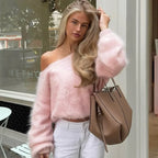 Talenza Women's Plush Pullover Fashion Solid Loose High Street Sweaters Vintage Chic Strapless Autumn Casual Female Pullovers