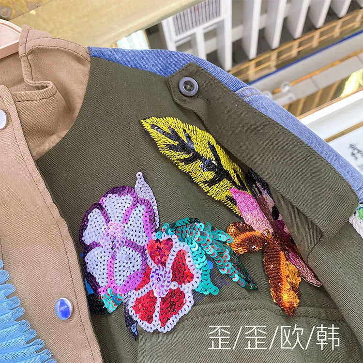 Women Floral Embroidery Sequined Trench Coats Mesh Spliced Ruffles Denim Jacket Hairballs Tassels Jeans Cardigan Streetwear Tops SS69