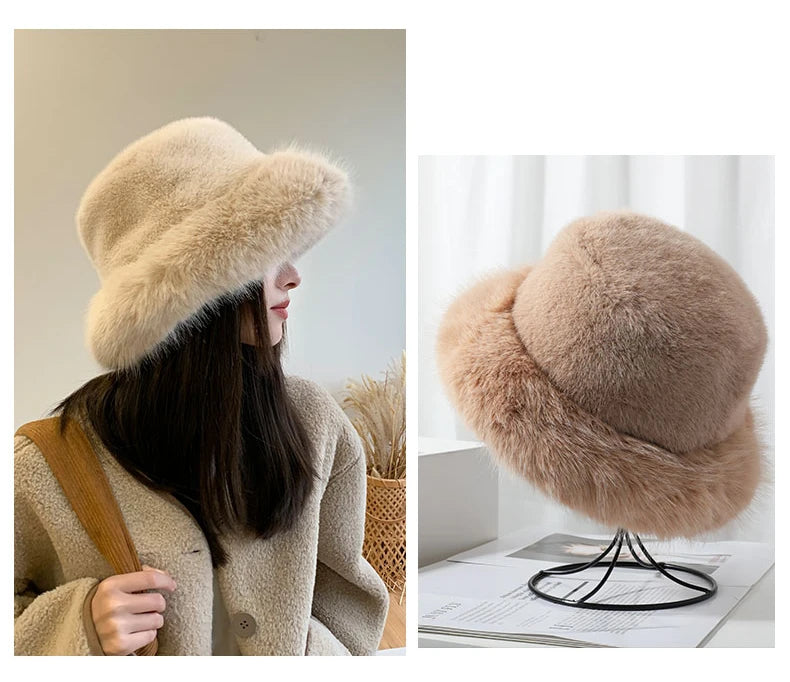 Women's Fluffy Faux Rabbit Fur Bucket Hat - Warm Plush Winter Cap