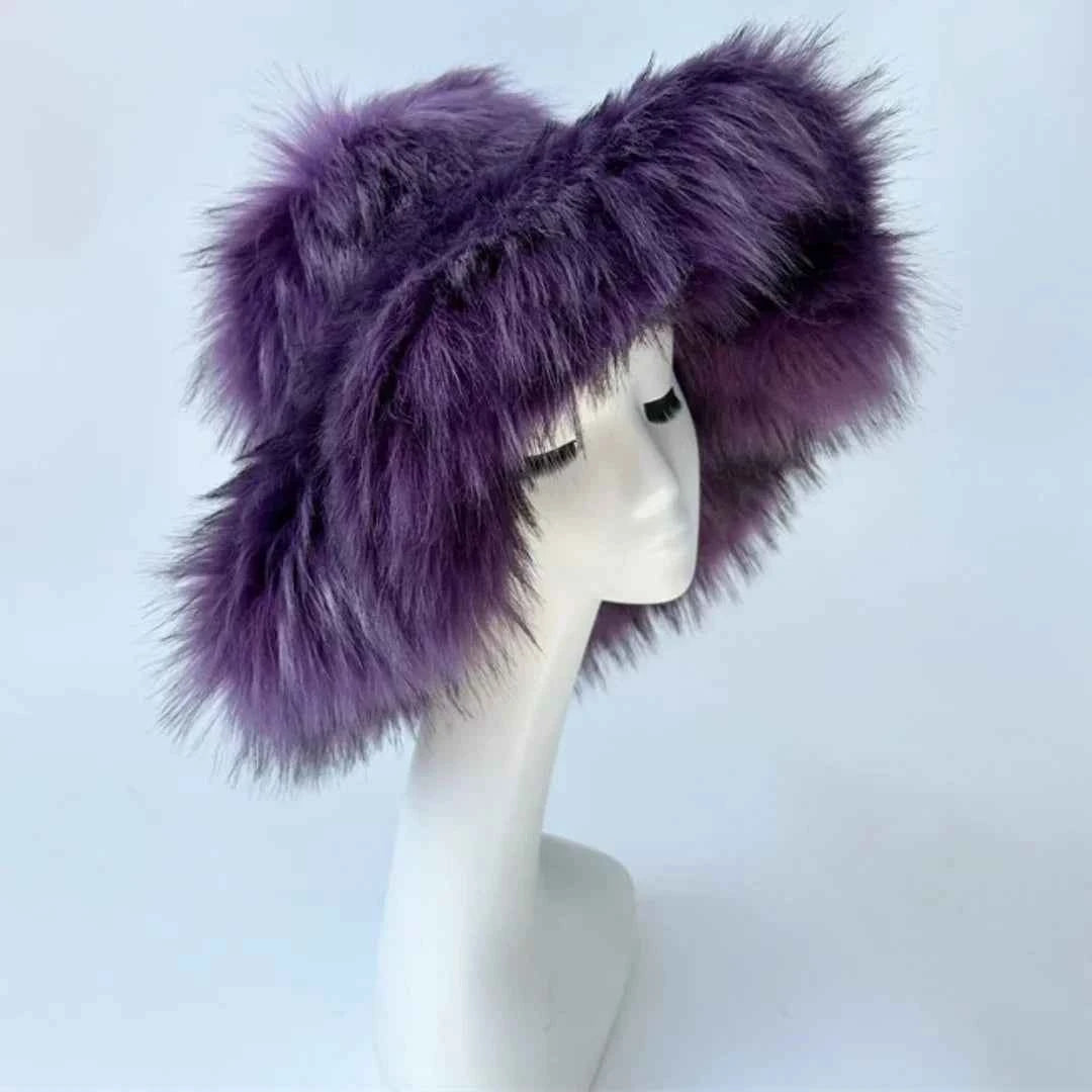 Luxury Fluffy Women Faux Fur Bucket Hats Oversized 17cm Wide Brim Thicken Outdoor Warm Plush Punk Hat Girl Y2k Female Ski Panama
