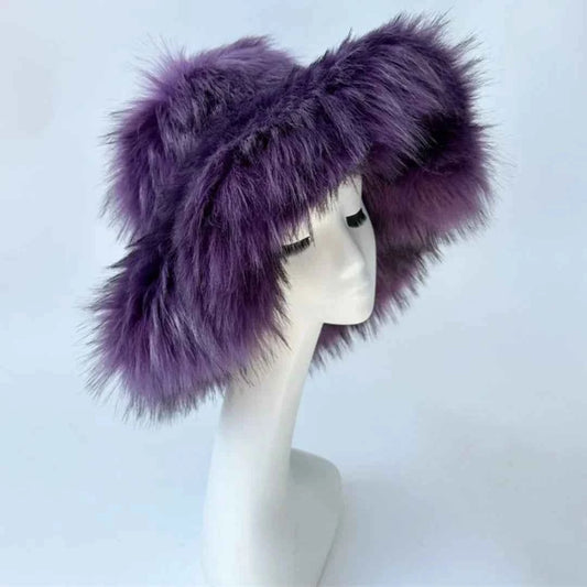 Luxury Fluffy Women Faux Fur Bucket Hats Oversized 17cm Wide Brim Thicken Outdoor Warm Plush Punk Hat Girl Y2k Female Ski Panama