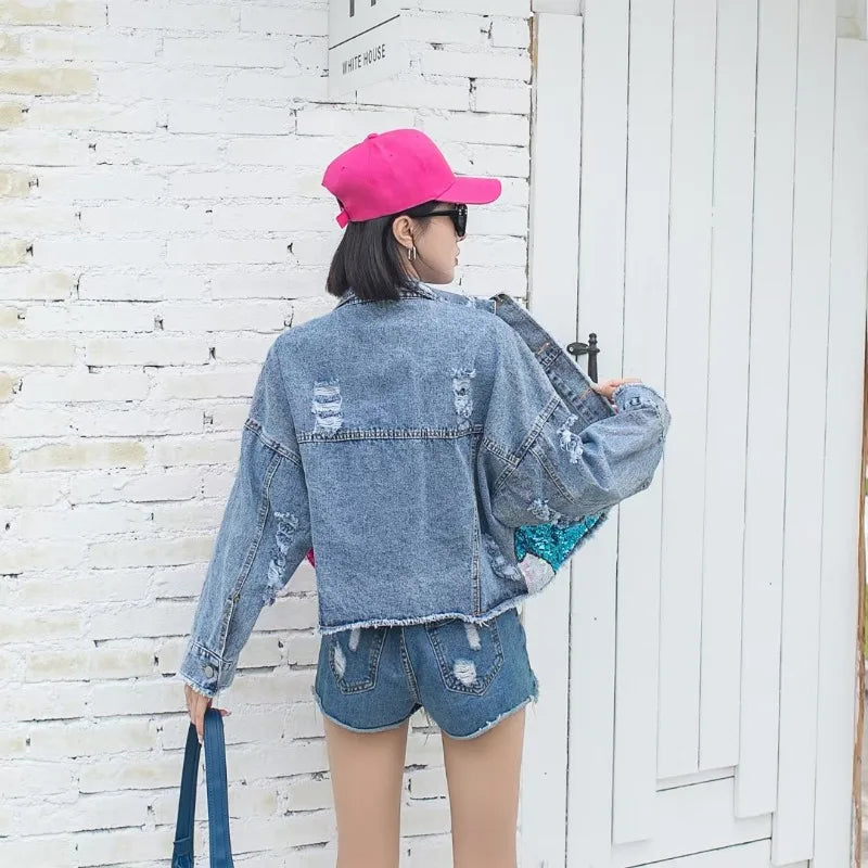 Fashion Brand Jeans Coat Women's Spring Autumn New Heavy Industry Cartoon Sequins Chaqueta High Street Loose-Fitting Denim Coats SS69