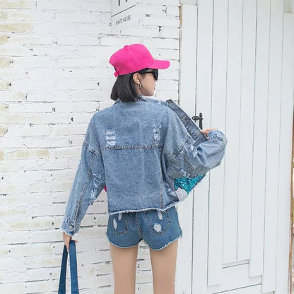 Fashion Brand Jeans Coat Women's Spring Autumn New Heavy Industry Cartoon Sequins Chaqueta High Street Loose-Fitting Denim Coats SS69