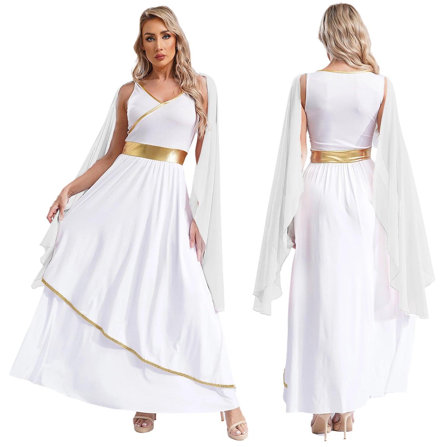 SS69 Womens One-Shoulder Greek Goddess Costume Dress with Chiffon Overlay