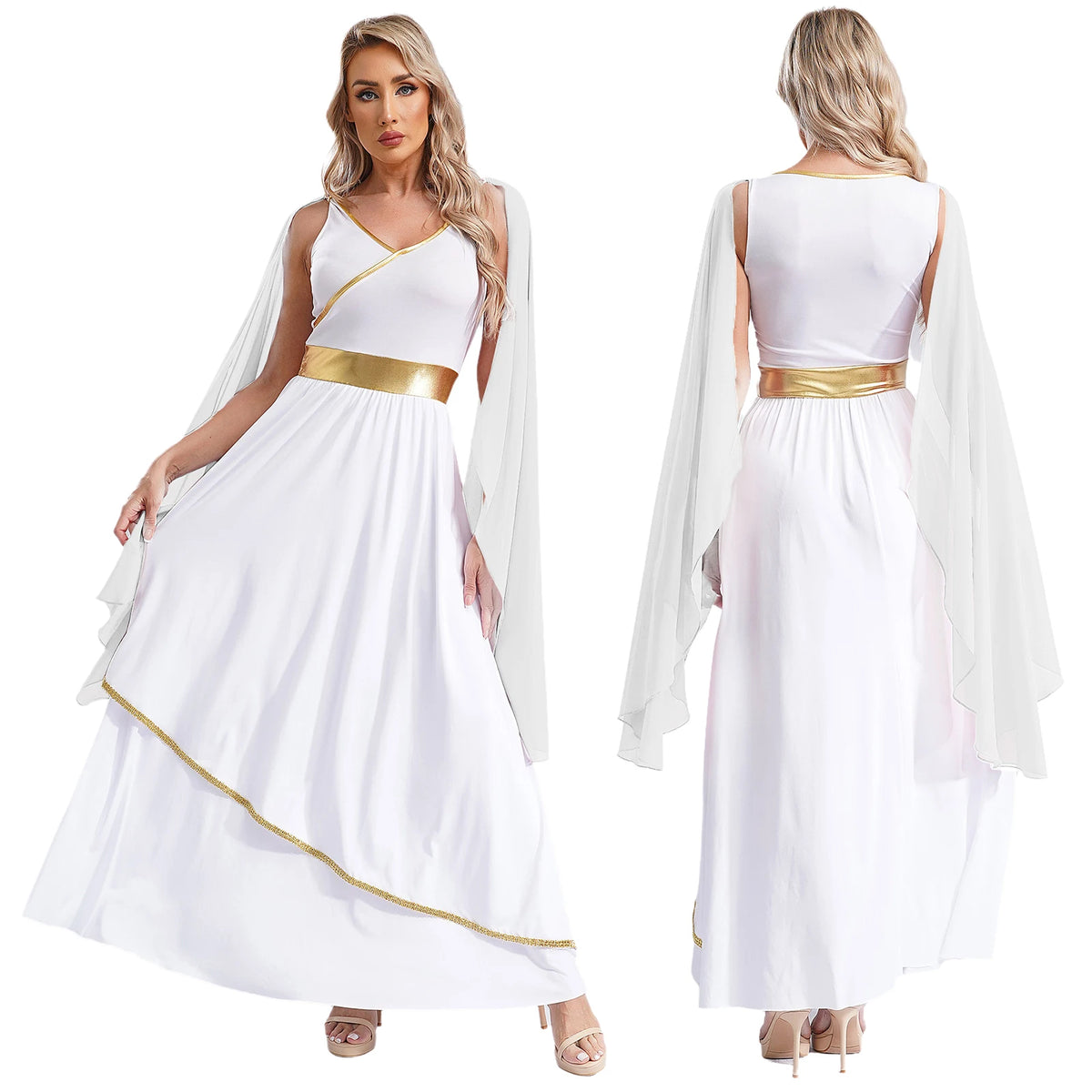 Womens One-Shoulder Greek Goddess Costume Dress with Chiffon Overlay