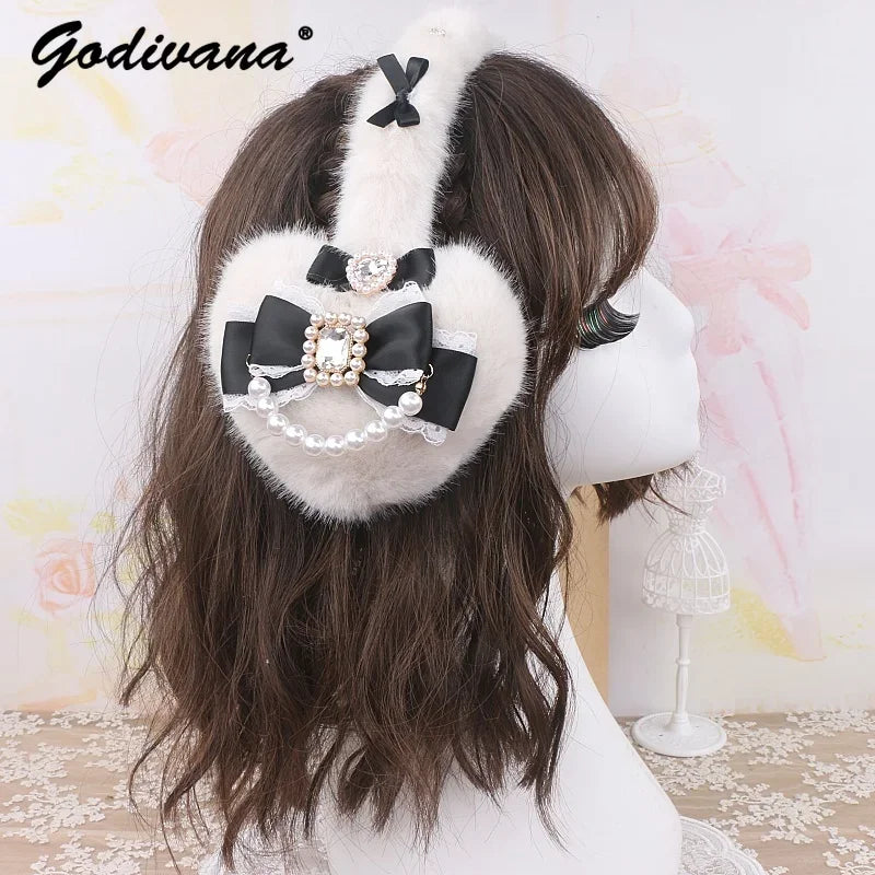 Sweet Mine Rhinestone Love Bow Earmuffs - Lolita Style