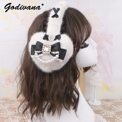 Sweet Mine Hairy Rhinestone Big Love Bow Earmuffs - Lolita Style