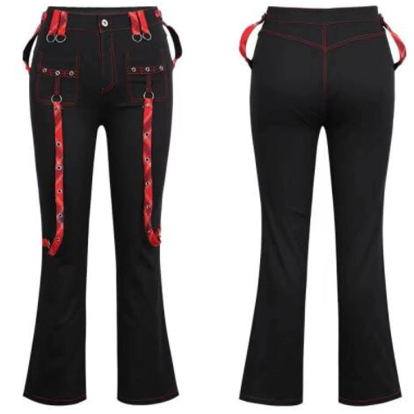Streetwear Gothic Pants Women High Waist Y2k Punk Harajuku Red Plaid Ribbon Cargo Pants Summer Spring Slim Flare Pants Vintage SS69