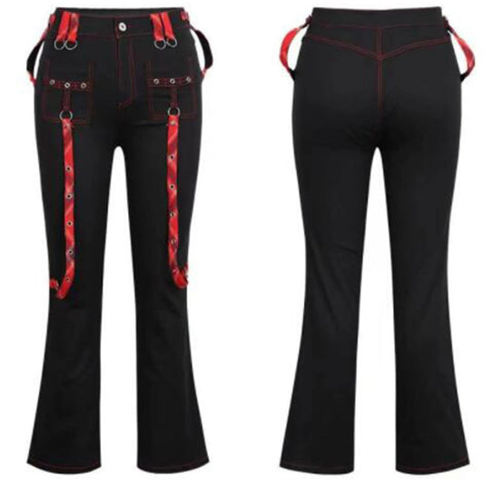 Streetwear Gothic Pants Women High Waist Y2k Punk Harajuku Red Plaid Ribbon Cargo Pants Summer Spring Slim Flare Pants Vintage SS69