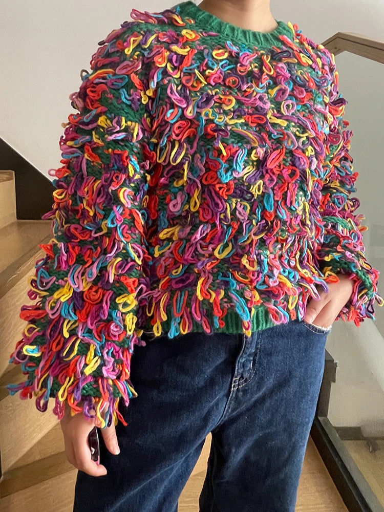 Fringe Crochet Jumper Rainbow Color Handmade Sweater Crew Neck Thick Needles Knit Pullover Knitwear Autumn/Winter Women Clothing SS69