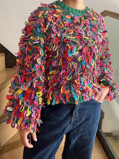 Fringe Crochet Jumper Rainbow Color Handmade Sweater Crew Neck Thick Needles Knit Pullover Knitwear Autumn/Winter Women Clothing SS69