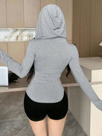 Fashion Women's Zip Up Crop Hooded Sweatshirt Jacket Y2K Spicy Girls Long Sleeve Slimming Sport T-shirts Women Solid Pocket Coat