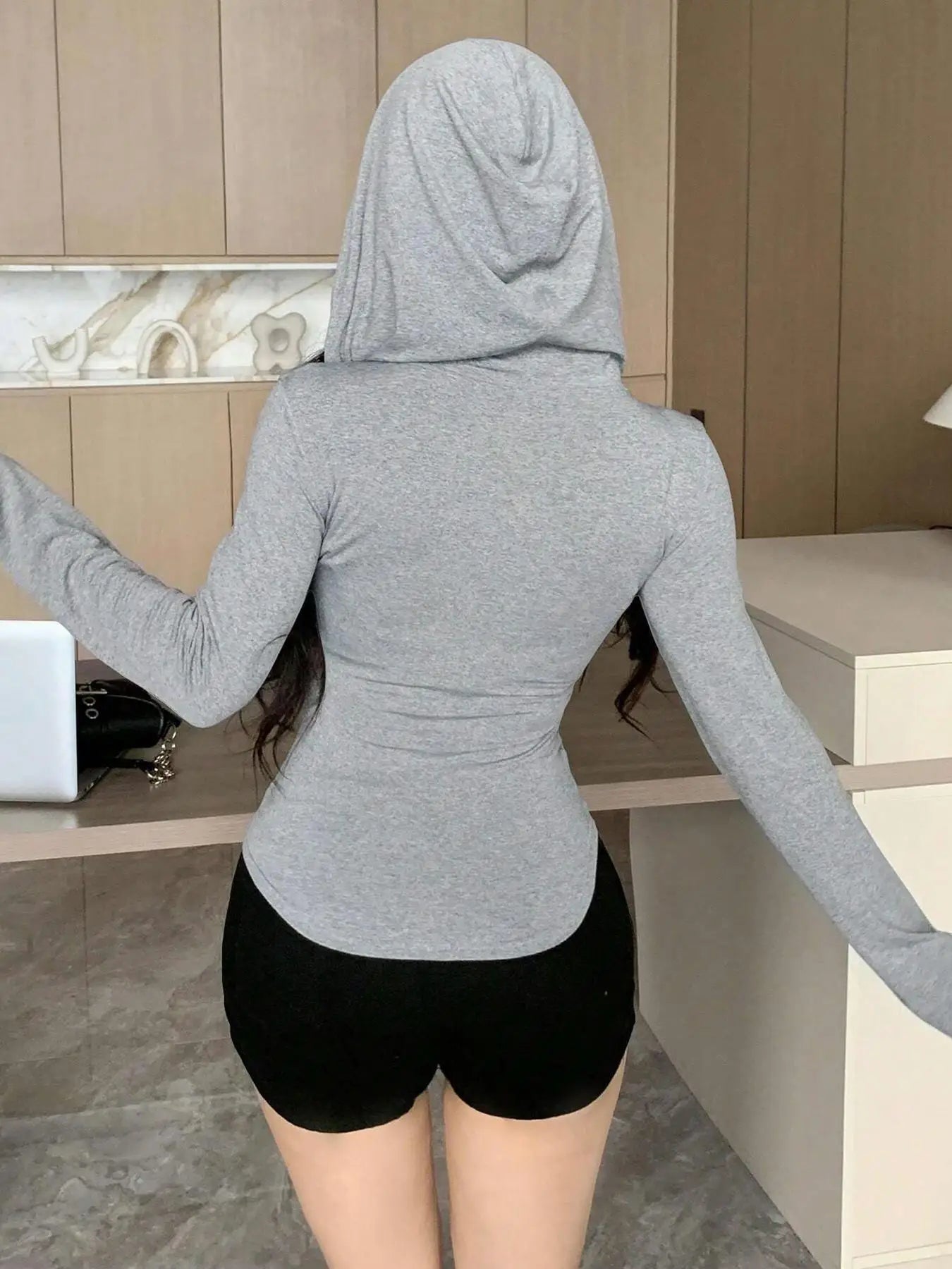 Fashion Women's Zip Up Crop Hooded Sweatshirt Jacket Y2K Spicy Girls Long Sleeve Slimming Sport T-shirts Women Solid Pocket Coat