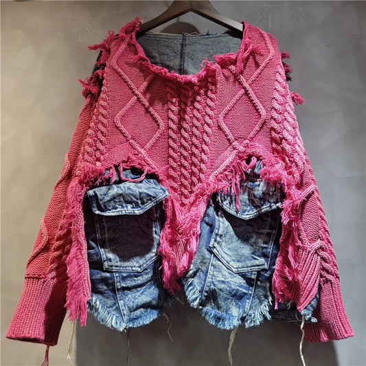 DEAT Women's Patchwork Denim Pullover Sweater, Long Sleeve Loose Knit Top