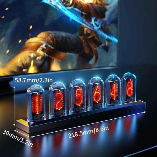 USB Powered RGB Nixie Tube Clock with IPS Color Screen, Corded Electric Aluminum Oval Alarm Clock with Charging Port, Metal Fram