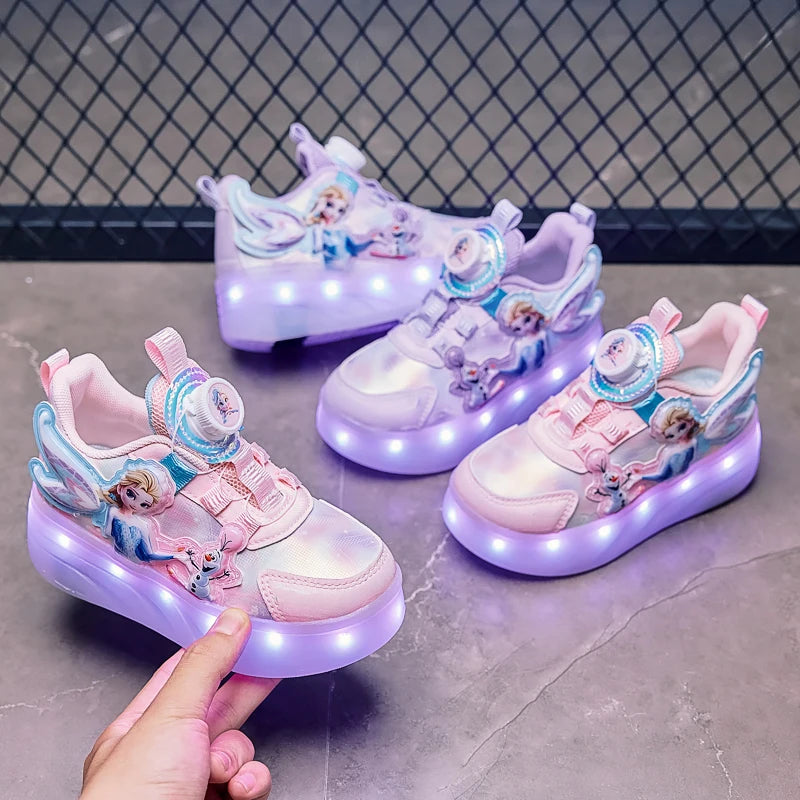 Disney Princess Two Wheels Children's Led Light Roller Skate Shoes For Girls 2025 Glowing Sports Luminous Sneakers