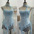 Women's Vintage Tie-dye Printed Mesh Spaghetti Strap Camisole Hot Girl Irregular Ruffled Ribbon Sleeveless Top Partyclub 1185