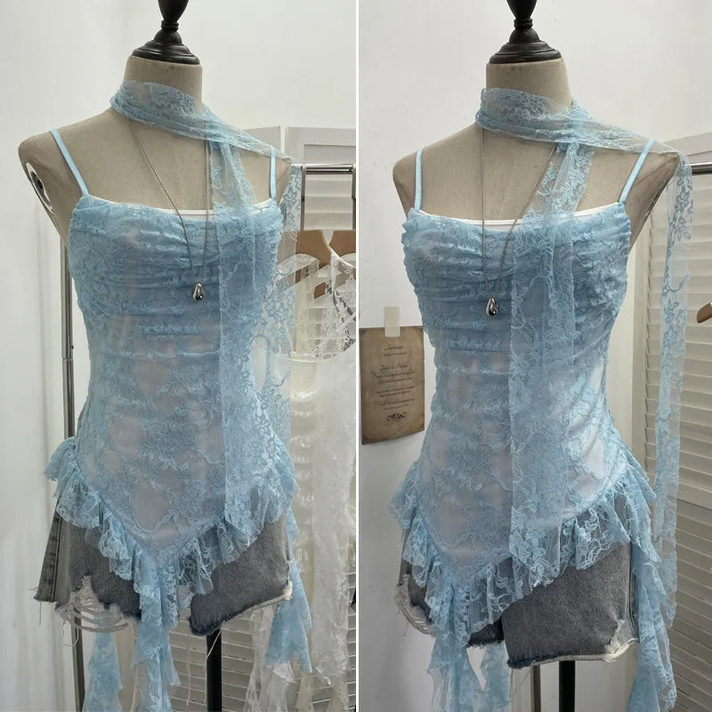 Women's Vintage Tie-dye Printed Mesh Spaghetti Strap Camisole Hot Girl Irregular Ruffled Ribbon Sleeveless Top Partyclub 1185