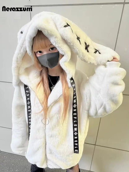 Nerazzurri Winter Sweet Cute Kawaii Soft Thick Warm White Faux Fur Coat Women with Bunny Ears Cute Fluffy Jacket Hoodie 2024 SS69