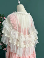 Women's Lace Mesh Short Shawl Poncho - Open Front Ruffled Collar