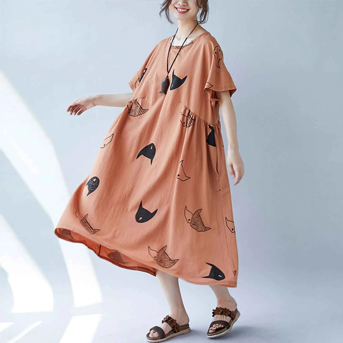 Plus Size Women Loose Dress Cute Cartoon Cat Print O Neck  Short Sleeve Baggy Large Size Oversized Maxi Dress Round Neck