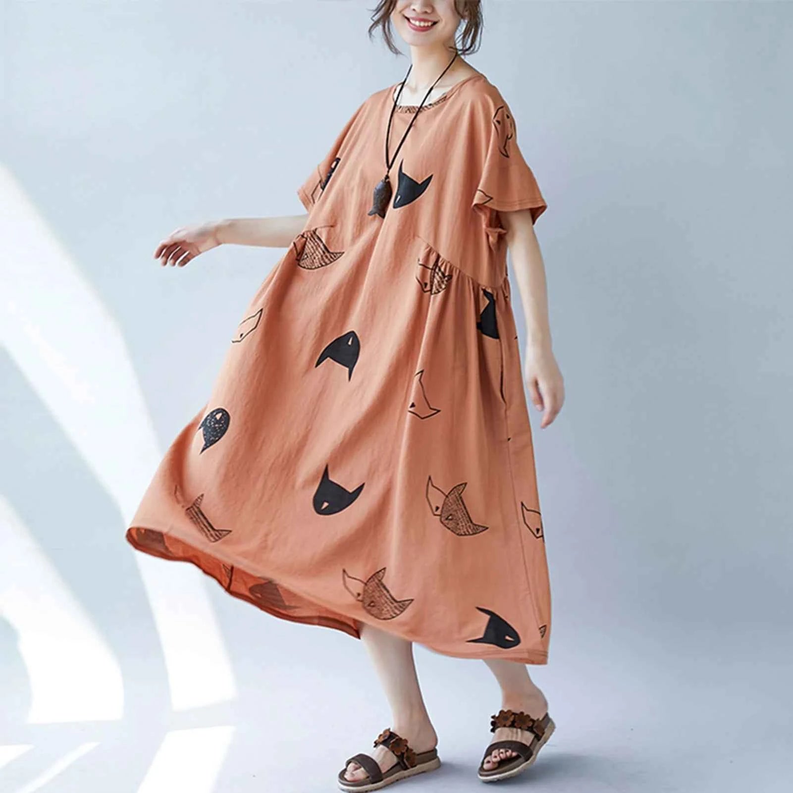 Plus Size Women Loose Dress Cute Cartoon Cat Print O Neck  Short Sleeve Baggy Large Size Oversized Maxi Dress Round Neck