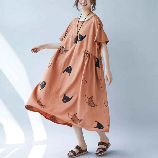 Plus Size Women Loose Dress Cute Cartoon Cat Print O Neck  Short Sleeve Baggy Large Size Oversized Maxi Dress Round Neck