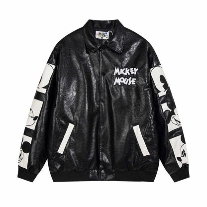 Disney American Cartoon Mickey Embroidery Leather Jacket Men Women Autumn Winter Loose Casual Jacket Fashion Trend Couples Coat SS69 73.69 A / XL