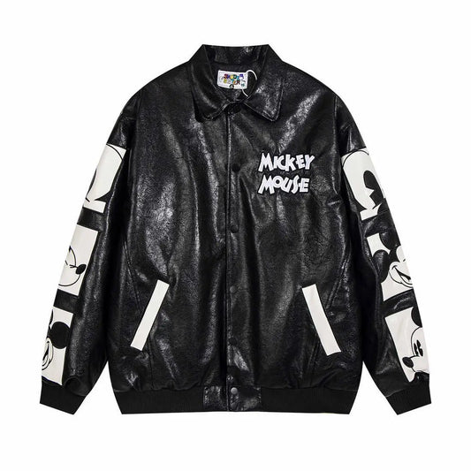 Disney American Cartoon Mickey Embroidery Leather Jacket Men Women Autumn Winter Loose Casual Jacket Fashion Trend Couples Coat SS69 73.69 A / XL