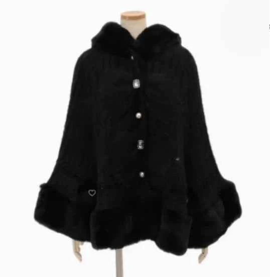 Autumn and Winter Japanese Liz Furry Knitted Cape Coat Sweet Girls Women Mine Series Cute Bow Princess Hooded Kawaii Lolita Coat