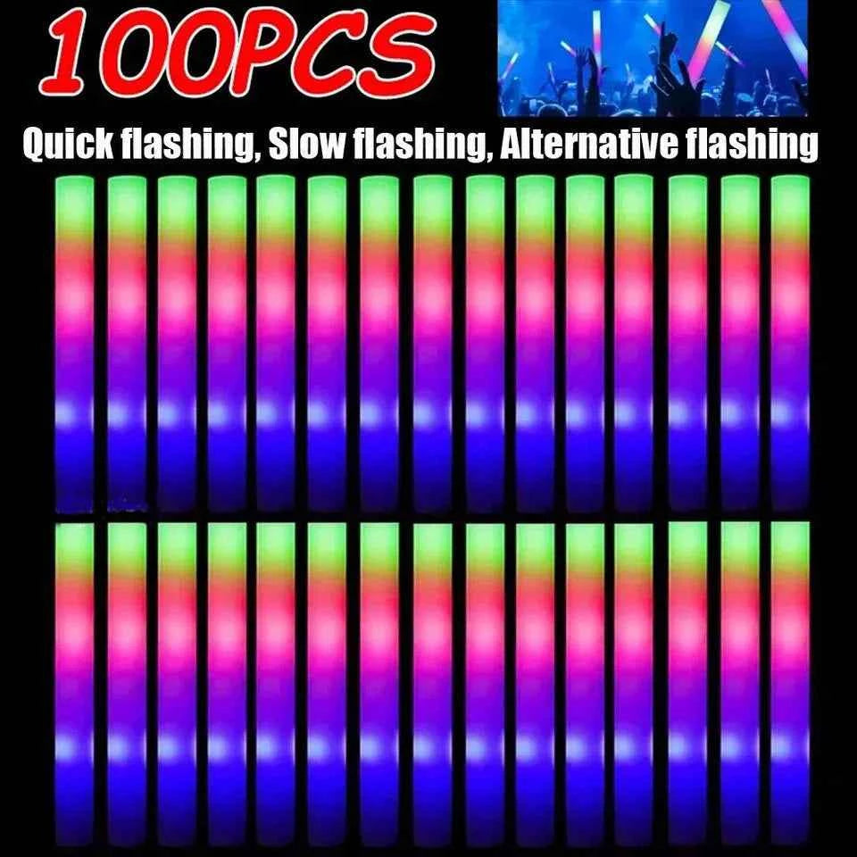 100Pcs LED Glow Sticks Bulk Colorful RGB Glow Foam Stick Cheer Tube Dark Light for Xmas Birthday Wedding Party Supplies