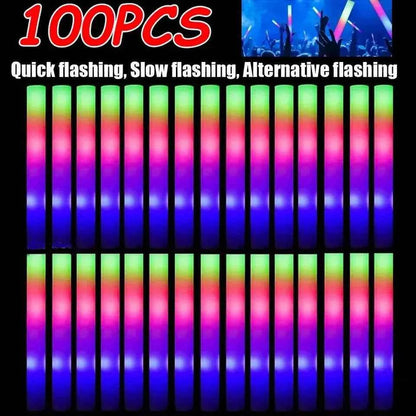 100Pcs LED Glow Sticks Bulk Colorful RGB Glow Foam Stick Cheer Tube Dark Light for Xmas Birthday Wedding Party Supplies